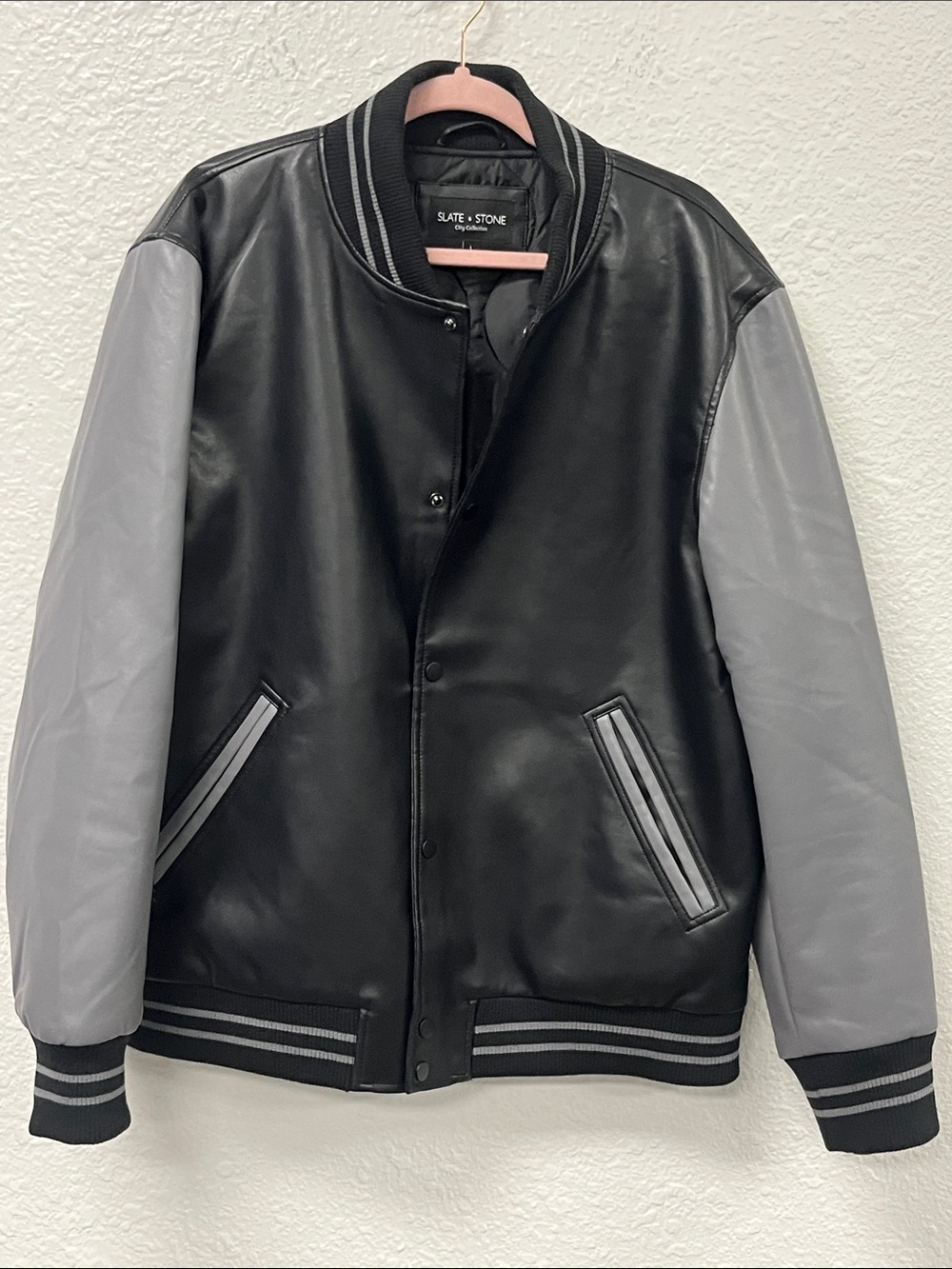 Slate and Stone Black and Gray Faux Leather Varsity Jacket
#1177